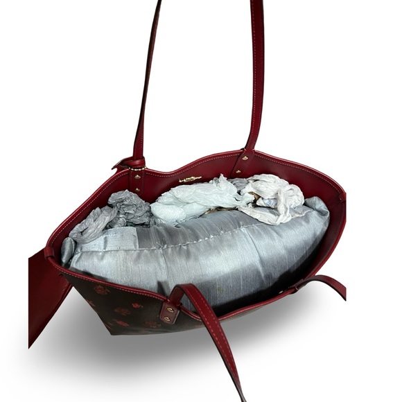 Coach Reversible City Tote Bag Tossed Peonies Oxblood/Cherry Coated Canvas - Picture 11 of 14